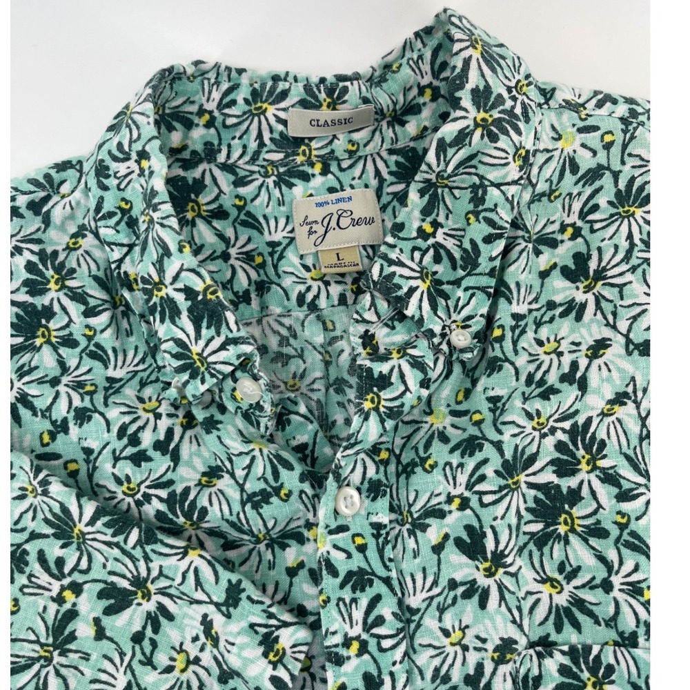 J.Crew Button Down Shirt Mens L Green Daisy Floral Linen Short Sleeve Classic